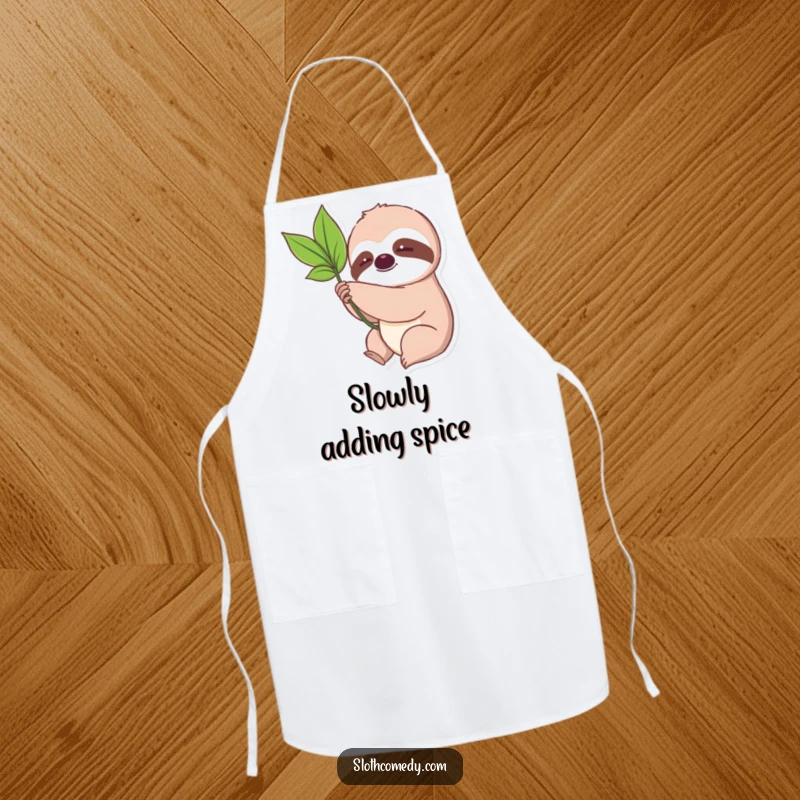 Funny Kawaii Sloth Leaf Apron featuring a cute sloth slowly reaching for a leaf, perfect for humorous and patient kitchen activities.