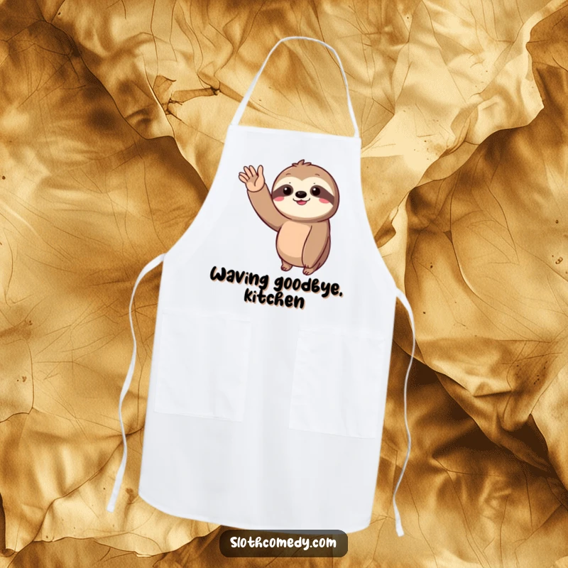 Funny Apron showing a sloth giving a slow, joyful wave, perfect for the relaxed chef.