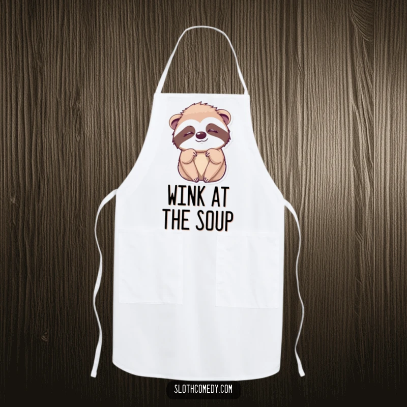 Funny Kawaii Sloth Wink Apron featuring a cute sloth giving a sleepy wink, perfect for humorous and charming kitchen activities.