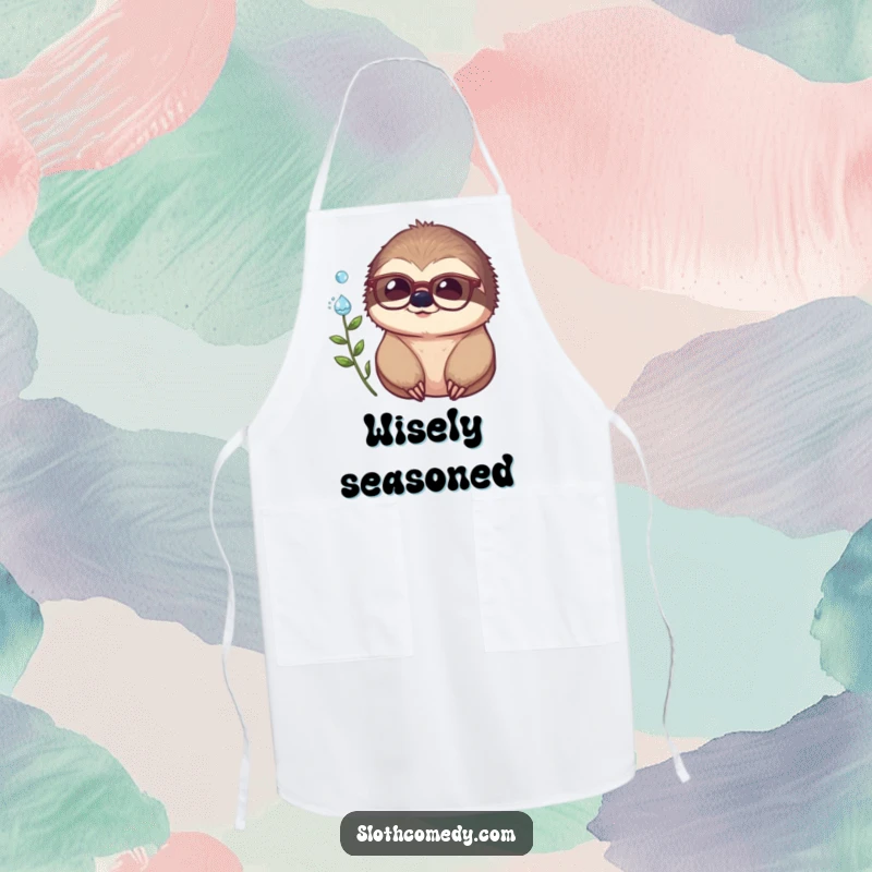 Funny apron with a sloth wearing glasses, looking thoughtfully at a dewdrop, ideal for kitchen humor.