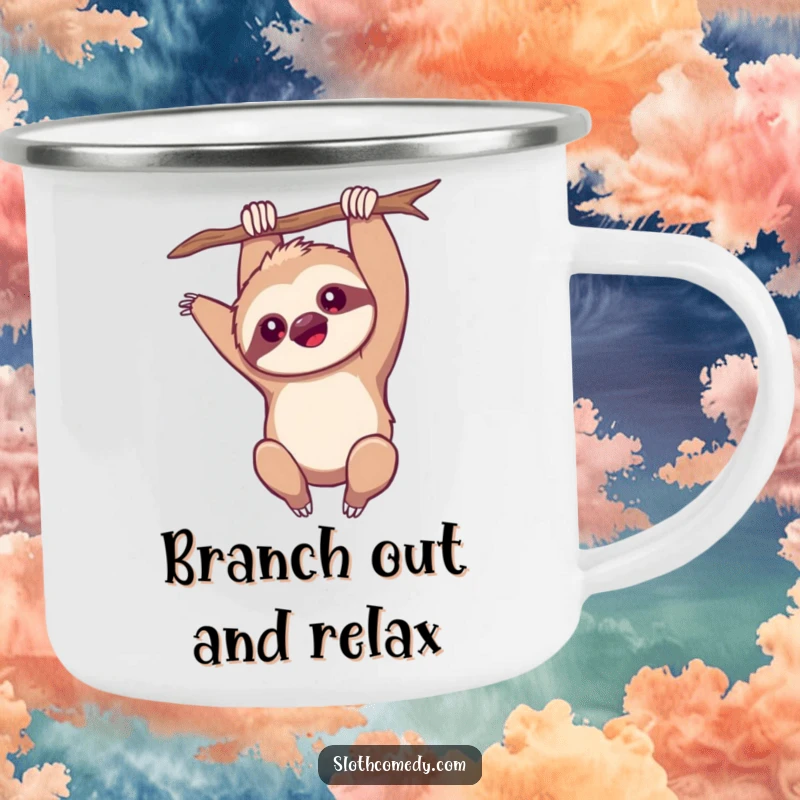 Funny Camping Mug: A kawaii sloth hangs upside down with one arm outstretched, ready for adventure, a durable funny gift.