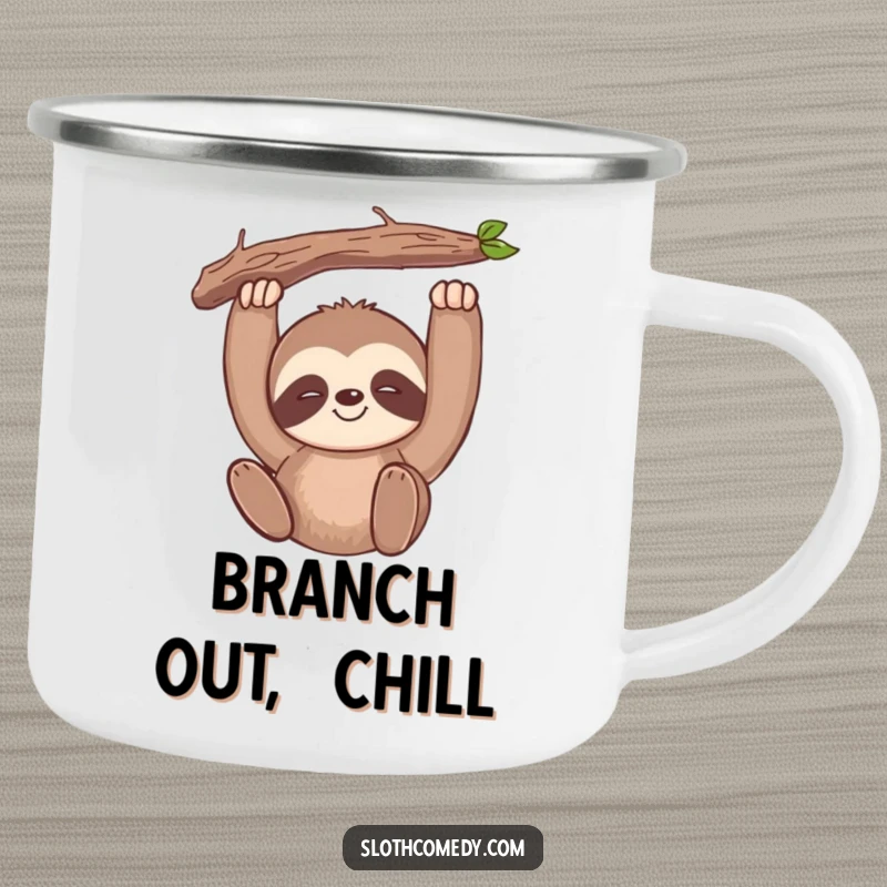 Funny kawaii sloth camping mug with a slow-smiling sloth hanging from a branch, perfect for relaxed outdoor sipping.
