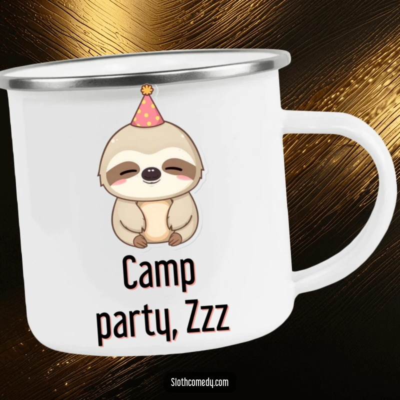 Funny kawaii sloth camping mug with a sleepy sloth wearing a tiny party hat, perfect for festive outdoor sipping.