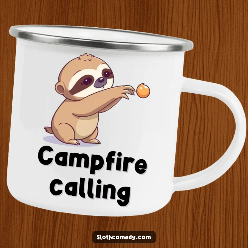 Funny Camping Mug: A sloth is depicted slowly reaching for something, ideal for slow-paced outdoor enthusiasts.