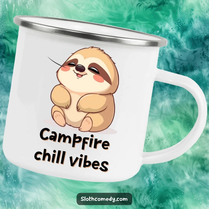 Funny camping mug showing a chubby sloth character with a relaxed expression, enjoying a gentle breeze. Perfect for chill outdoor enjoyment.