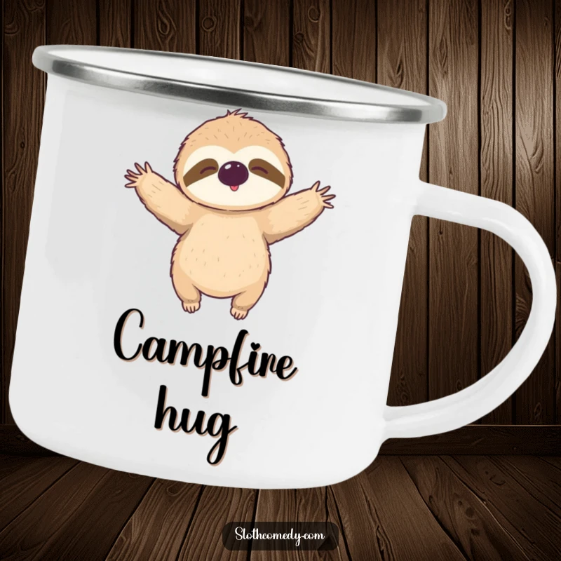Funny Camping Mug: A sloth offers a relaxed, open-armed hug, ideal for outdoor adventures.