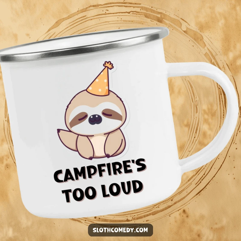 Funny kawaii sloth wearing a tiny party hat, looking sleepy on a camping mug, ready for humorous journeys.