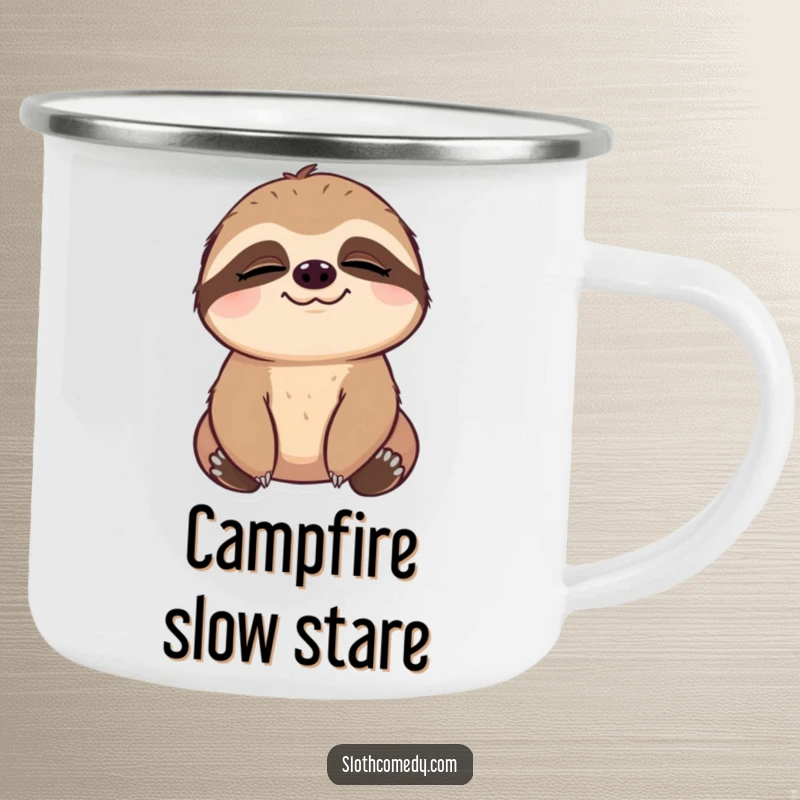 Funny Camping Mug showcasing a sloth with a comically slow blink, embodying contentment and perfect for relaxed outdoor enjoyment.
