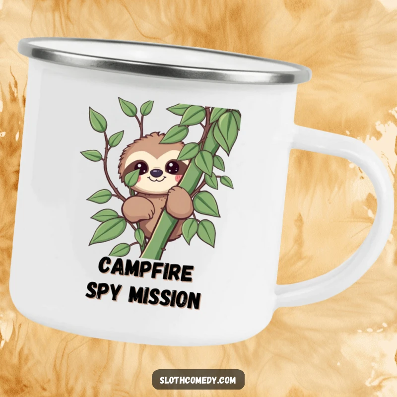 Funny kawaii sloth camping mug with a sloth peeking from behind a vine, perfect for humorous outdoor enjoyment.