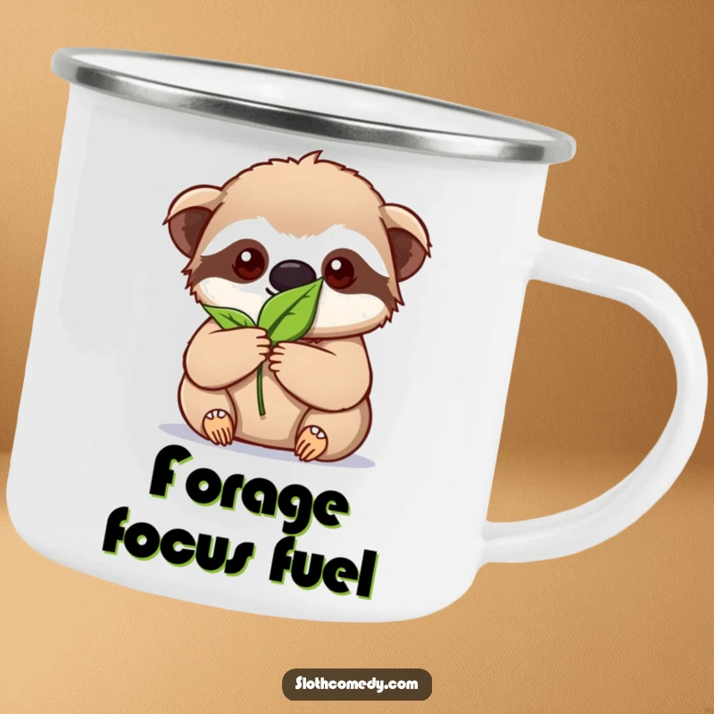Funny kawaii sloth camping mug with intense focus on holding a single leaf, perfect for adventurous concentration.
