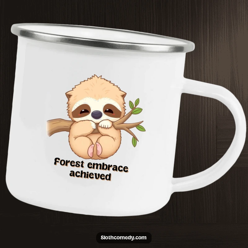 Funny Camping Mug: A kawaii sloth hugs a fuzzy branch contentedly, perfect for cozy outdoor moments, a durable funny gift.