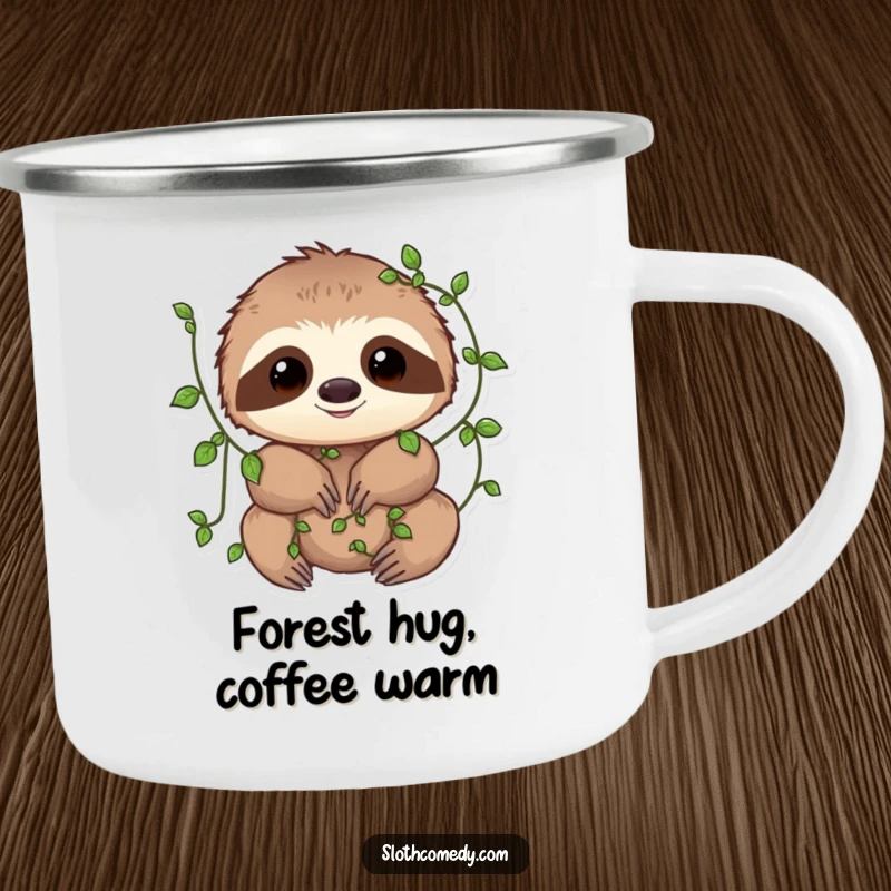 Funny Camping Mug showcasing a sloth with small vines playfully wrapped around its limbs, perfect for enjoying nature during outdoor adventures.