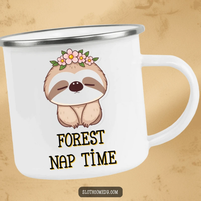 Funny camping mug featuring a sleepy sloth with a flower crown, perfect for relaxed outdoor experiences, a durable funny gift.