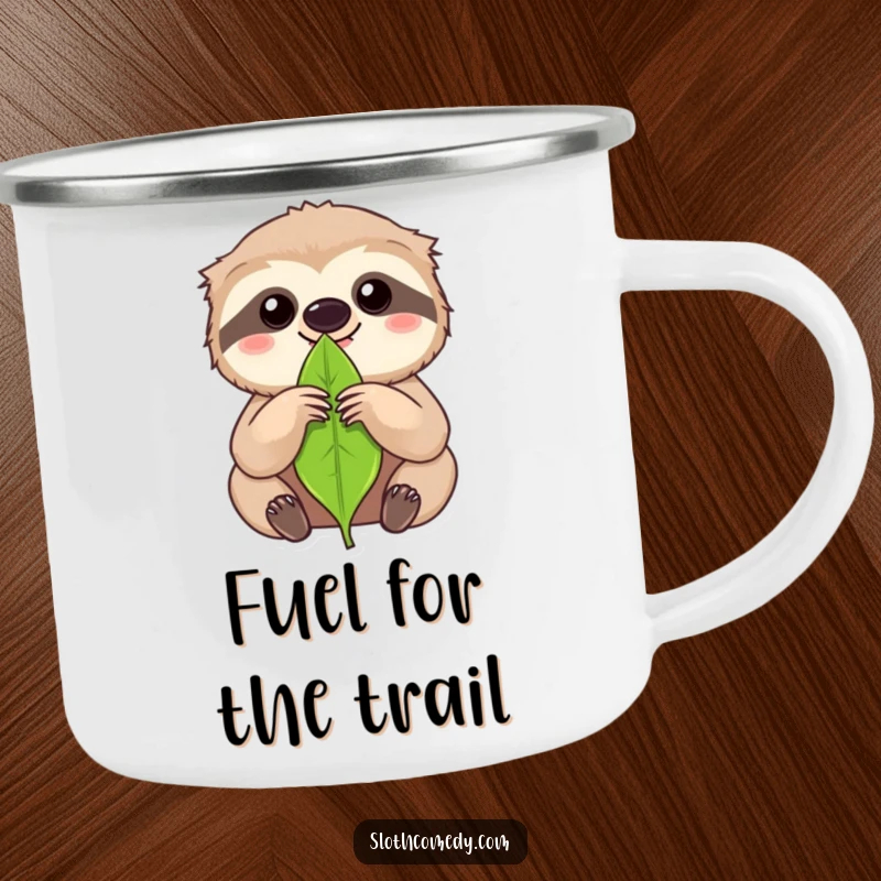 Funny kawaii sloth holding a single leaf with intense focus on a camping mug, for humorous outdoor concentration.