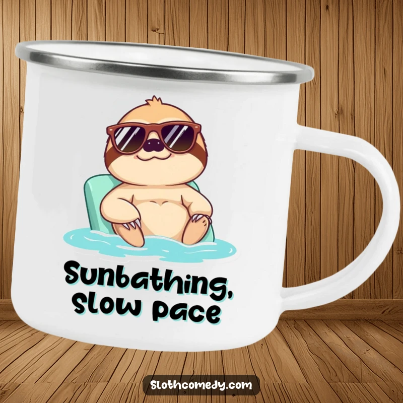 Funny camping mug featuring a sloth in sunglasses enjoying a sunbath, perfect for relaxed outdoor moments and humorous enjoyment.