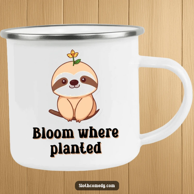 Funny Camping Mug showcasing a sloth with a single, tiny flower blooming on its head, perfect for enjoying nature with a sweet touch.