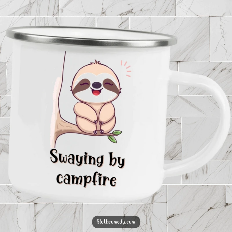 Funny camping mug featuring a sloth sighing contentedly while swaying, perfect for relaxed outdoor moments and humorous enjoyment.
