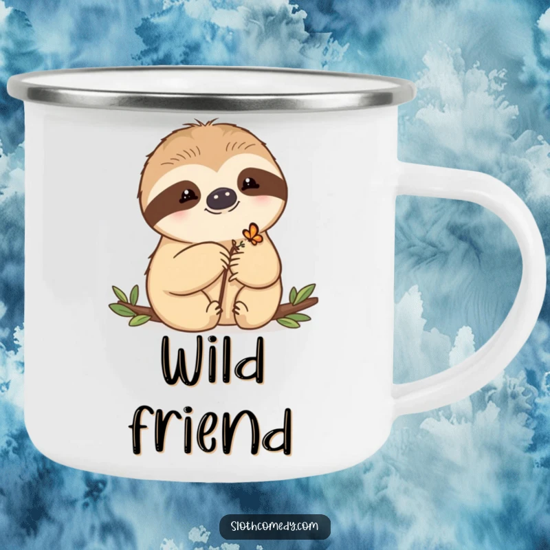 Funny Camping Mug with a kawaii sloth letting a tiny butterfly rest on its paw, perfect for enjoying beverages during gentle outdoor moments.