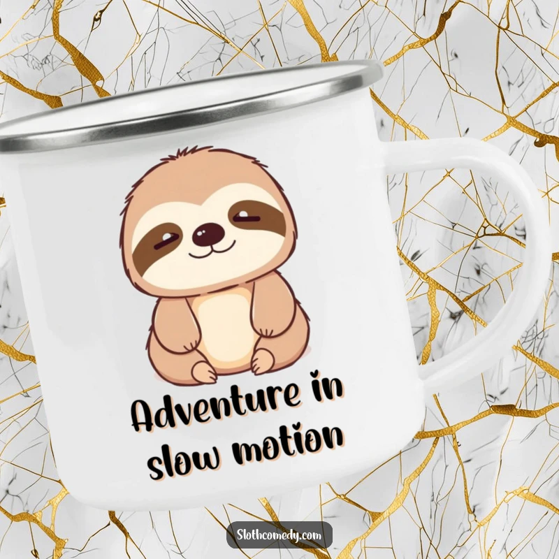 Funny kawaii sloth camping mug with a contented sigh, ideal for outdoor enthusiasts seeking humorous relaxation.