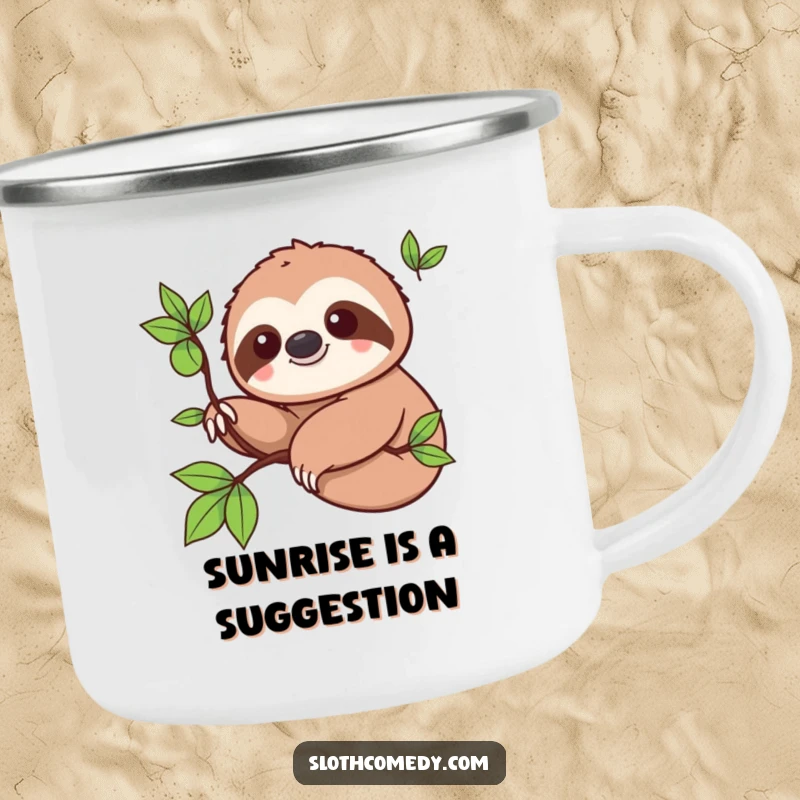 Funny Camping Mug: Kawaii sloth smiling while slowly extending a branch, ideal for outdoor use and humorous moments.