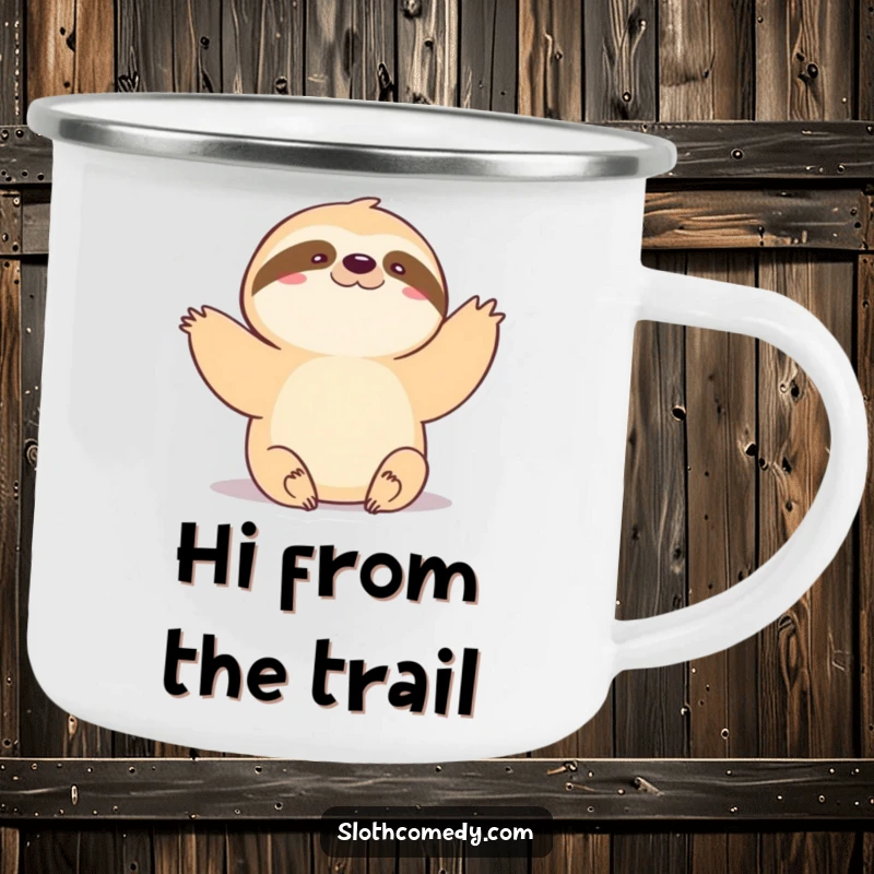 Funny Camping Mug: Kawaii sloth doing a very slow, gentle wave, ideal for outdoor use and spreading calm greetings.