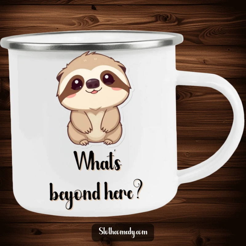 Funny Camping Mug: A kawaii sloth looks up with gentle curiosity, perfect for outdoor contemplation, a durable funny gift.