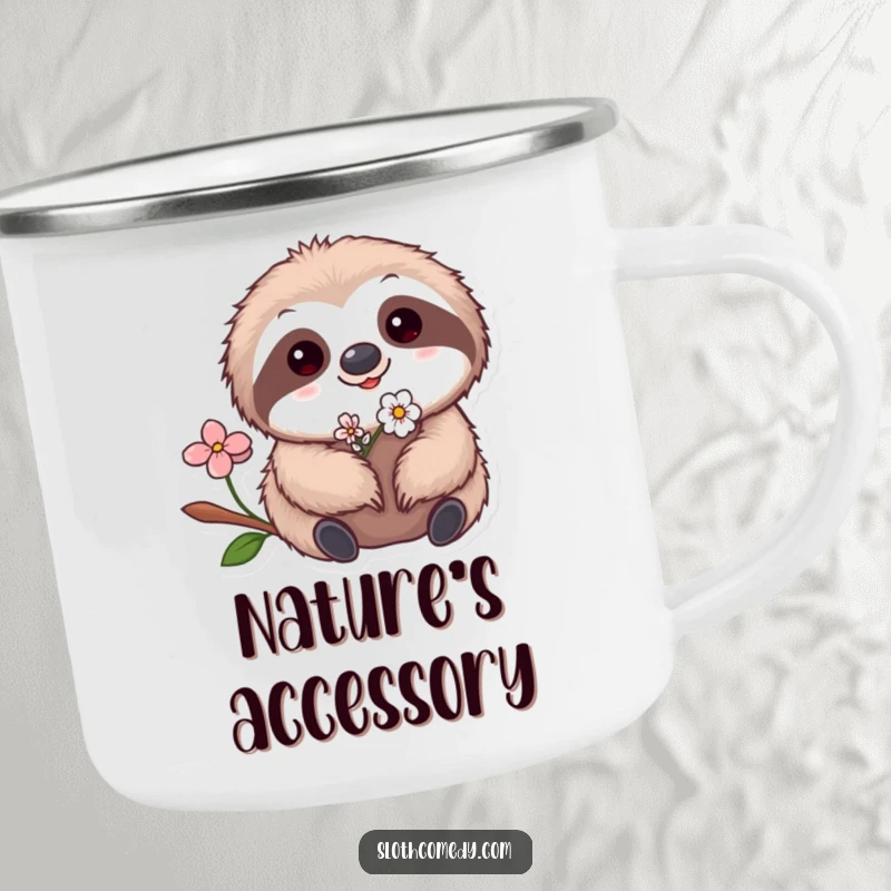 Funny Kawaii Sloth Flower Camping Mug featuring a cute sloth with a flower, perfect for humorous and charming outdoor enjoyment.