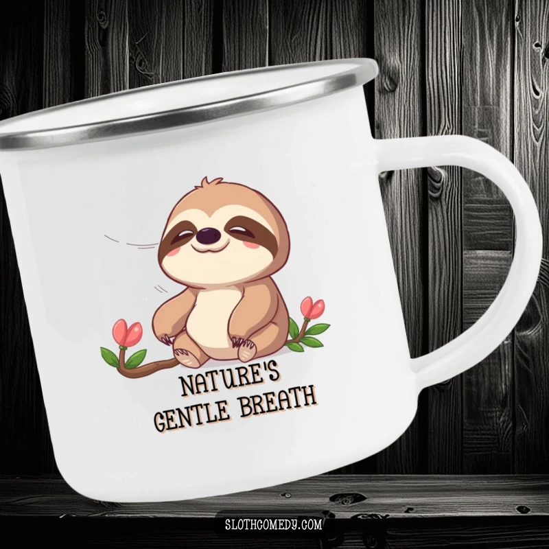 Funny camping mug featuring a peaceful sloth enjoying a gentle breeze, designed for relaxed outdoor experiences, a durable funny gift.