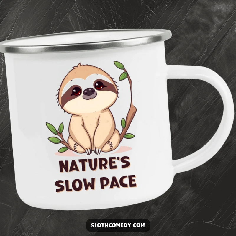 Funny Sloth Camping Mug featuring a sloth's curious head tilt, designed for outdoor adventures and providing a humorous companion.