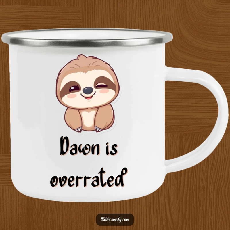 Funny sloth camping mug with a sloth's slow blink and gentle smile, designed for outdoor enjoyment and humorous moments.