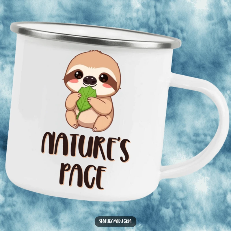 Funny sloth camping mug, a sweet sloth offers a leaf with extreme patience and a soft gaze, for outdoor enthusiasts.