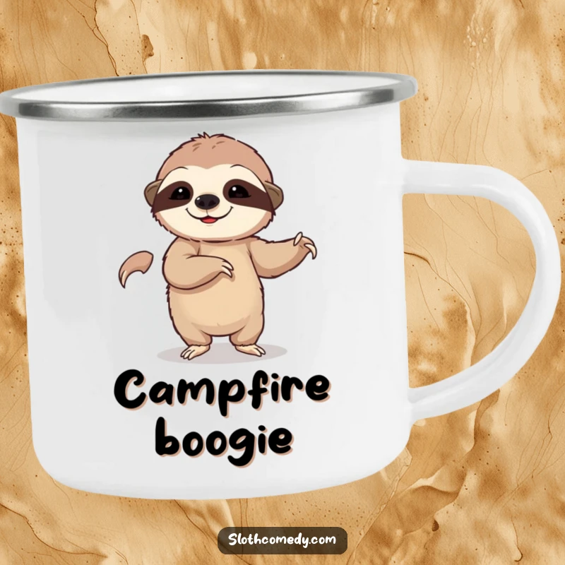 Funny camping mug featuring a sloth in a slow dance, perfect for enjoying drinks outdoors with a humorous vibe.