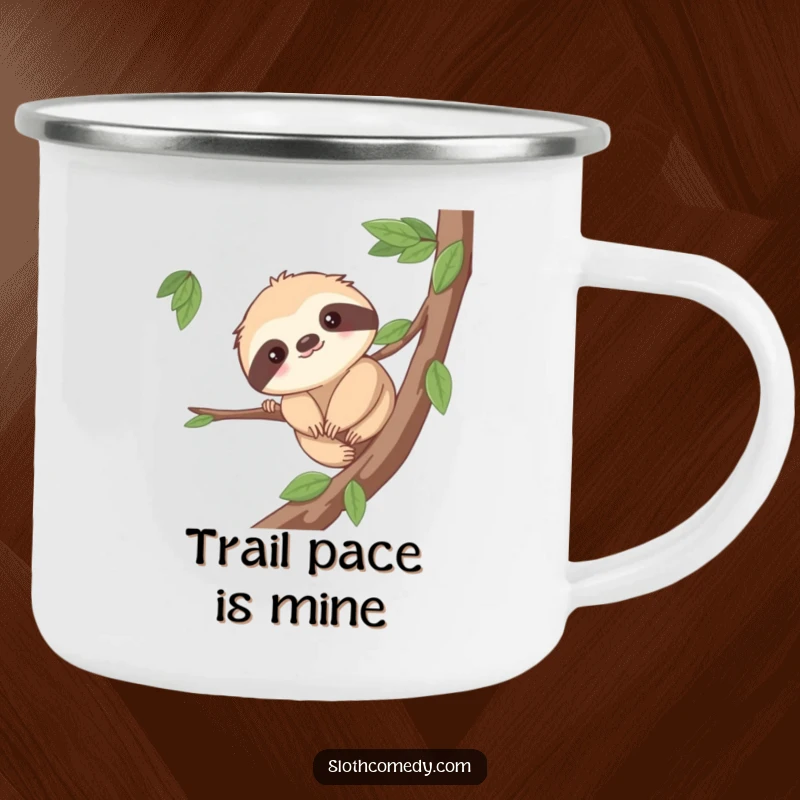 Funny camping mug showing a cute sloth character inching along a branch, perfect for slow-paced outdoor enjoyment and humor.