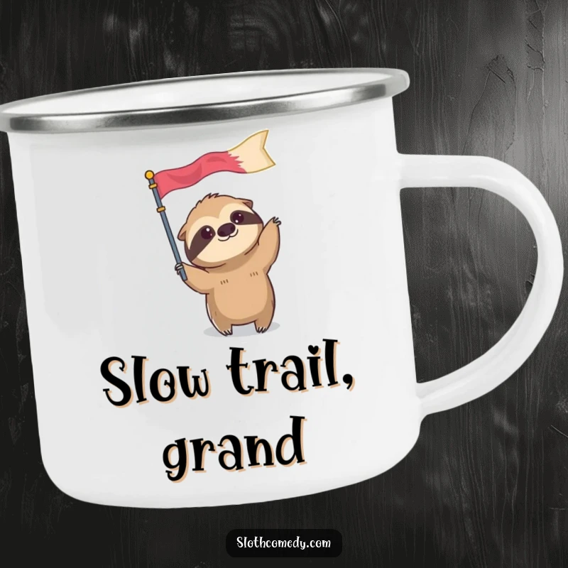 Funny camping mug featuring a sloth character slowly waving an oversized flag, ideal for slow-paced outdoor adventures and humor.