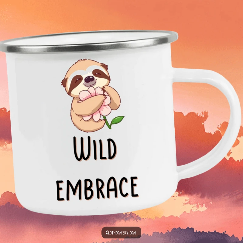 Funny Camping Mug featuring a sloth in a slow, delightful embrace with a flower, perfect for nature enthusiasts.