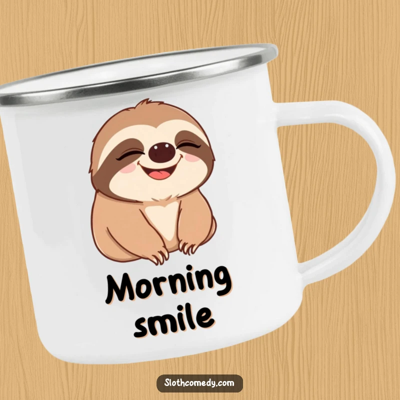 Enamel camping mug featuring a sloth slowly blinking before breaking into a huge grin, perfect for outdoor enthusiasts who love humor.