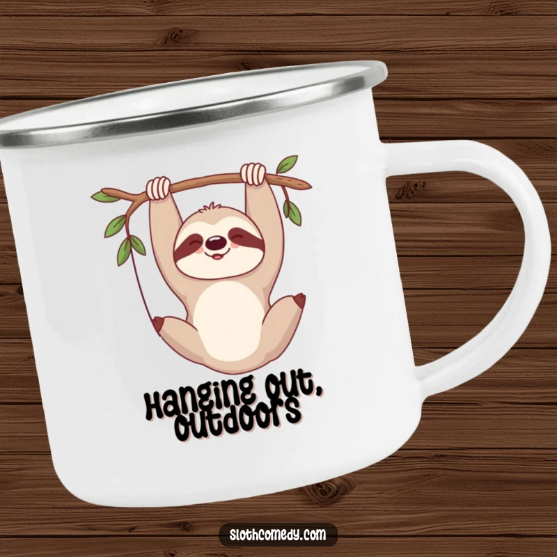 Funny camping mug with a sloth hanging upside down, exhaling a contented sigh, perfect for relaxation.