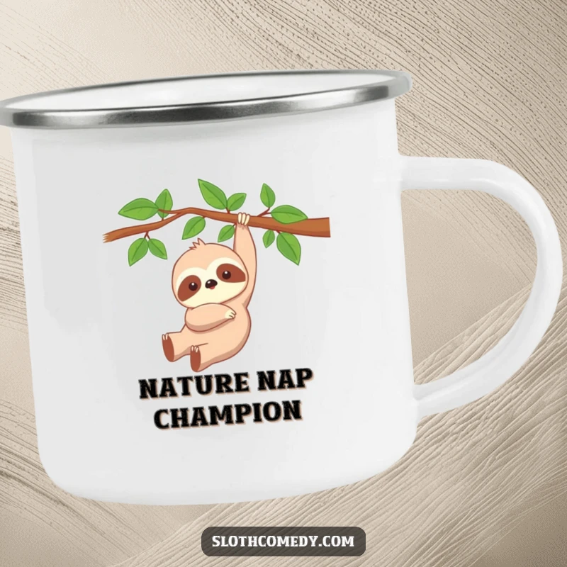 Funny Kawaii Sloth Camping Mug featuring a cute, peacefully dangling sloth, perfect for humorous and relaxed outdoor enjoyment.