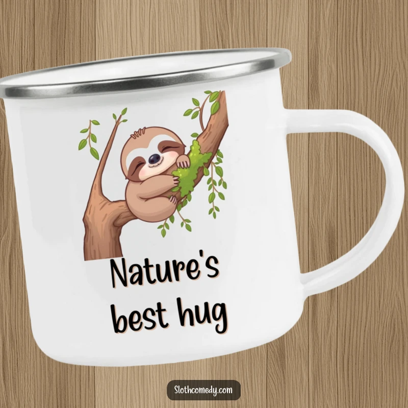 Funny sloth camping mug with a sloth hugging a mossy branch, symbolizing nature's embrace and outdoor coziness.