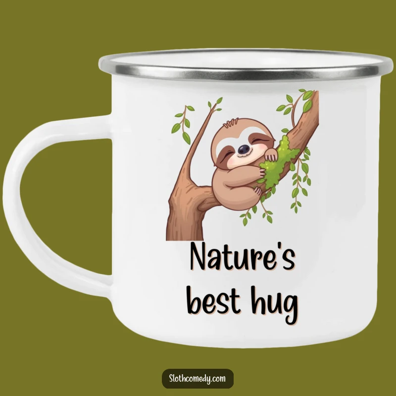 Funny Sloth Camping Mug - Cozy Mossy Branch Hug Enamel Gift