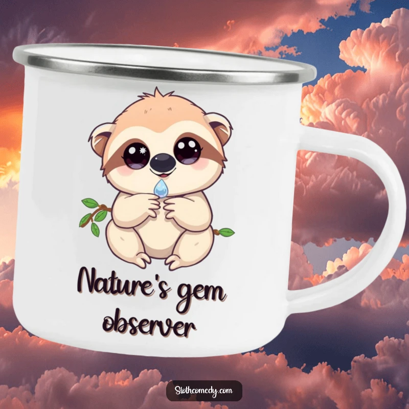 Enamel camping mug featuring a sloth with captivating, sparkling eyes, holding a single dewdrop, perfect for outdoor enthusiasts who love magic.