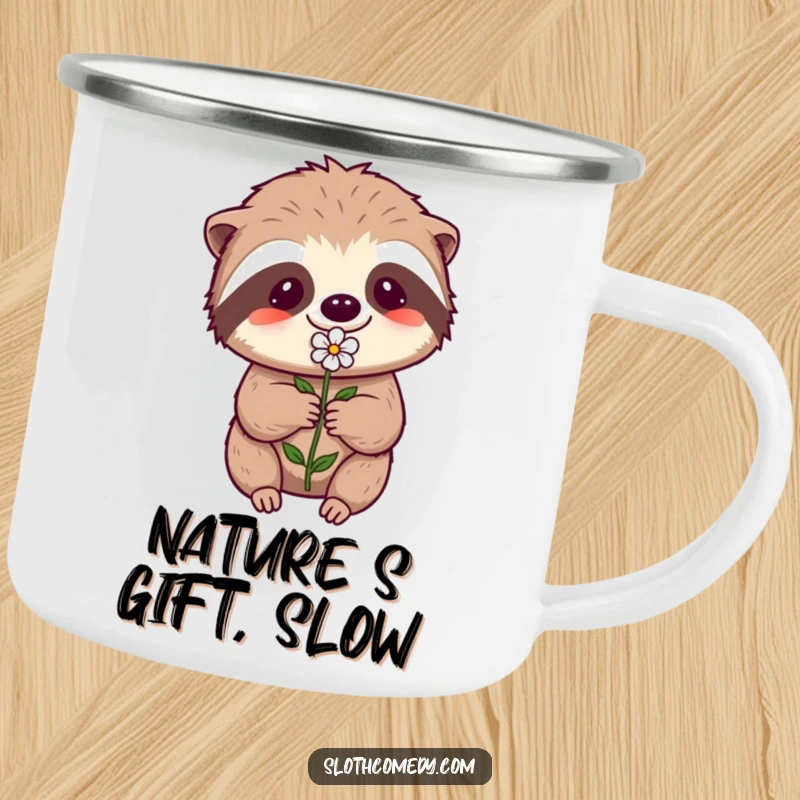 Funny Kawaii Sloth Camping Mug: A sloth offers a flower with effort, perfect for humorous, heartwarming outdoor beverages.