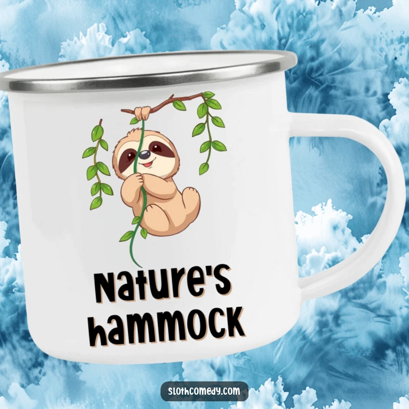 Enamel camping mug featuring a cute sloth playfully entangled in a vine, perfect for outdoor enthusiasts who appreciate relaxed humor.
