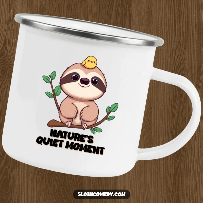 Funny sloth and bird camping mug, an enamel cup showing a sloth with a cheerful bird on its head.