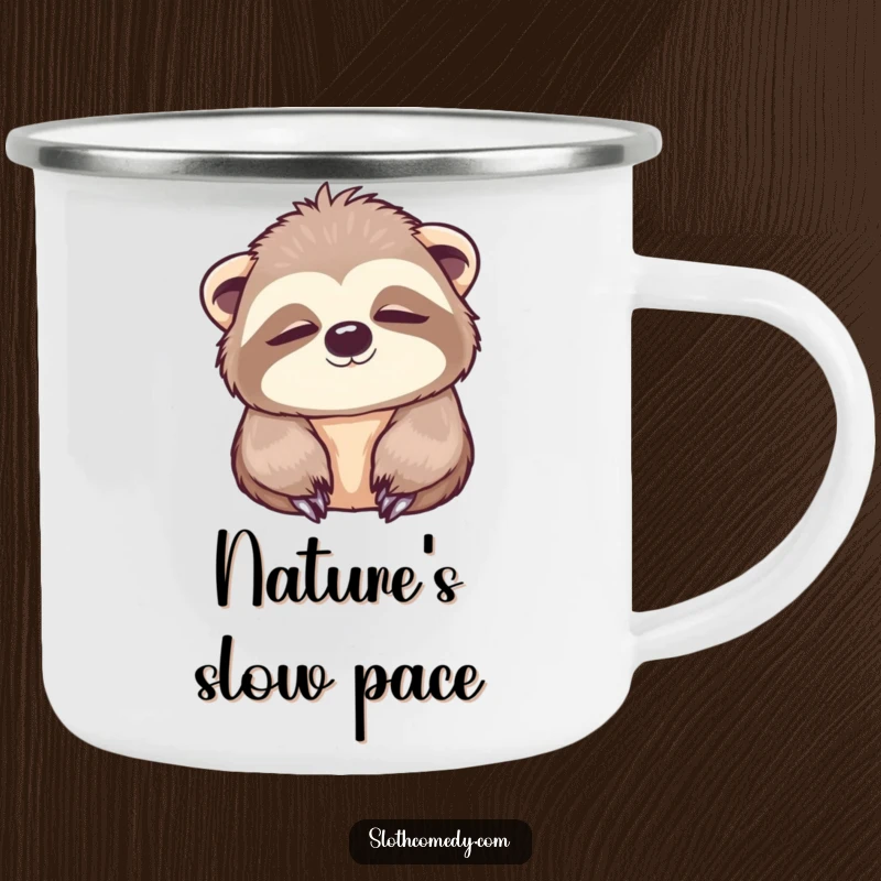 Funny Camping Mug with a kawaii sloth slowly blinking, perfect for enjoying beverages during peaceful outdoor adventures.