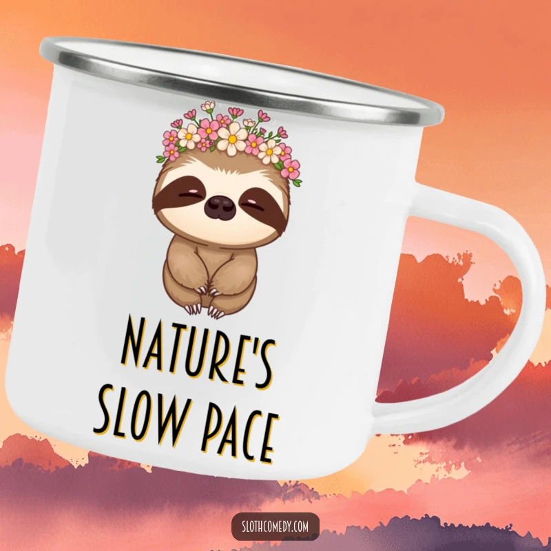 Funny sloth camping mug with a sloth wearing a flower crown, nodding slowly, perfect for slow adventures.