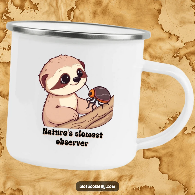 Funny camping mug showcasing a sloth marveling at a beetle, perfect for enjoying beverages outdoors with a dose of humor.