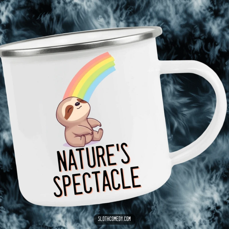 Funny Camping Mug featuring a sloth looking blissfully at a beautiful rainbow, perfect for hopeful outdoor sipping.