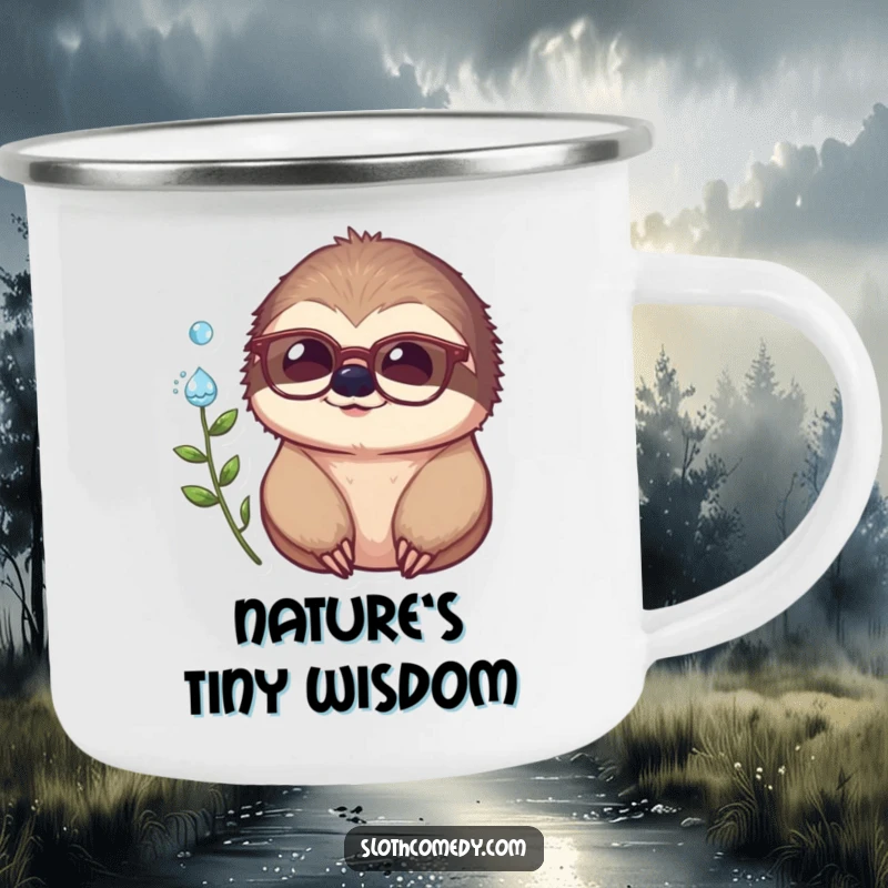 Funny camping mug with a sloth in glasses, looking at a dewdrop, for outdoor humor.
