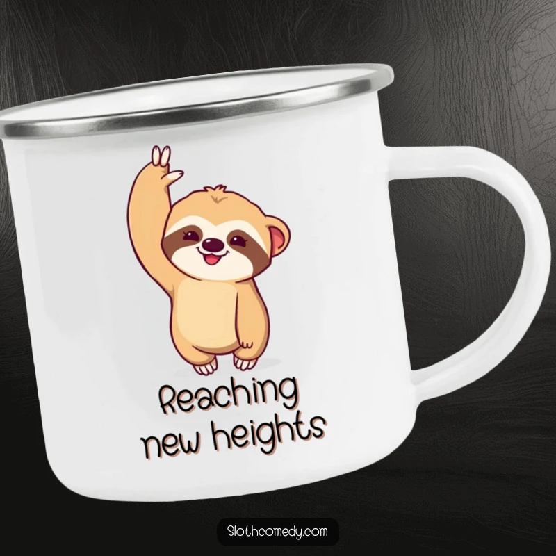 Funny Kawaii Sloth Camping Mug: Durable enamel cup with a sloth dramatically stretching one arm upwards, perfect for outdoor beverages.
